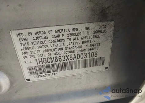 2005 Honda Accord 3.0 Lx from USA, damaged, VIN 1HGCM663X5A003108
